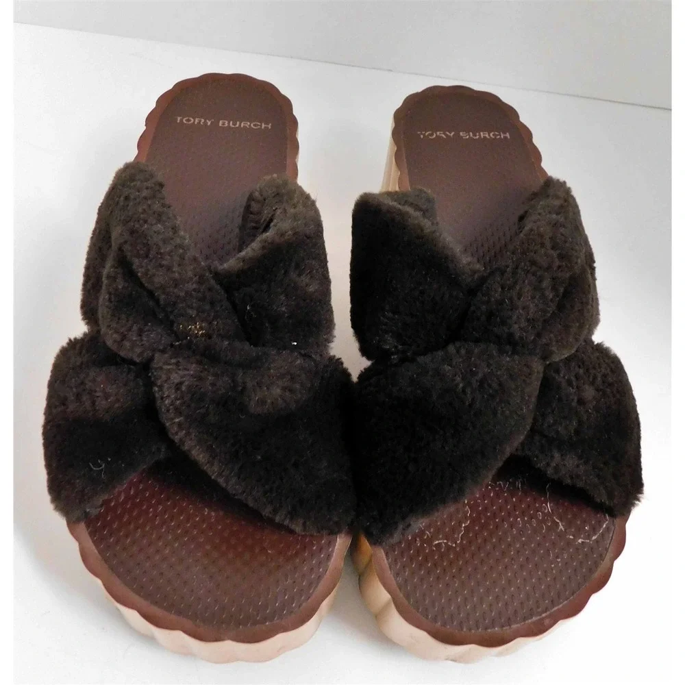 Tory Burch Brown Faux Fur Strappy Platform‎ Slides 9 M